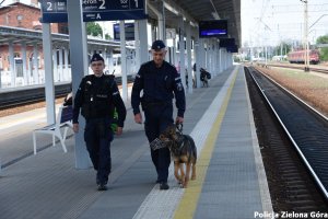 Dwóch policjantów i pies idący po peronie PKP